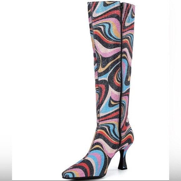 Gianni Bini Cat-Walk Glitter Snip Toe Colorful Swirl Pattern Knee-High Boots NWT - Picture 2 of 16